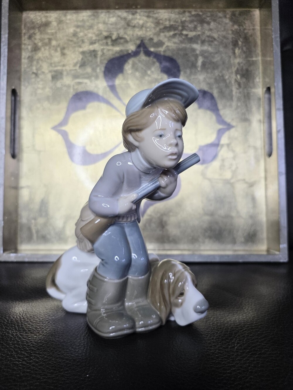 LLADRO 'Hunter Puppet' Porcelain Boy and Dog Figurine - Blue, Cream, Tan